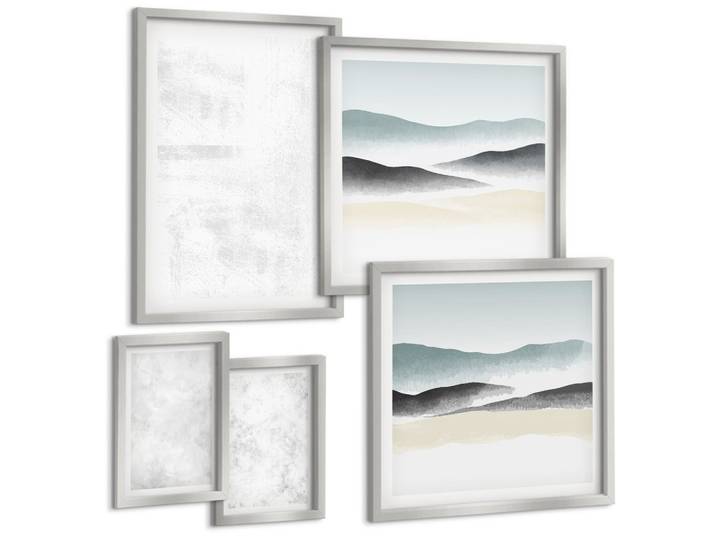 BILDER SET 5er Set - 50x50 cm & 20x30 cm & 40x60 cm Silberner Rahmen - Weiße Flecken auf Leinwandhintergrund