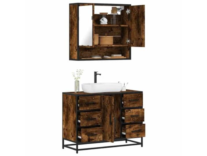 2-tlg. Badmöbel-Set Räuchereiche Holzwerkstoff mit Waschbeckenunterschrank Räuchereiche Holzwerkstoff, Metallgestell, Wandmontage, feuchtigkeitsbeständig, Stauraum, Lowboard