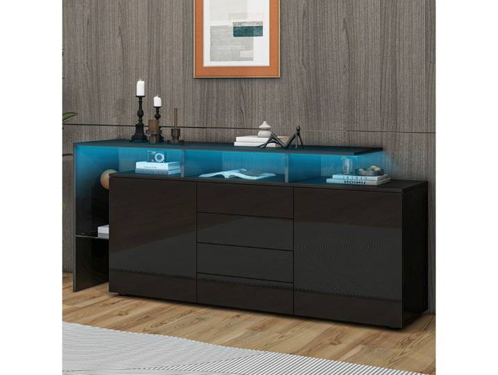 Maisentiel Buffet bas noir brillant LED 160 cm 2 portes 4 tiroirs et rangements ouverts