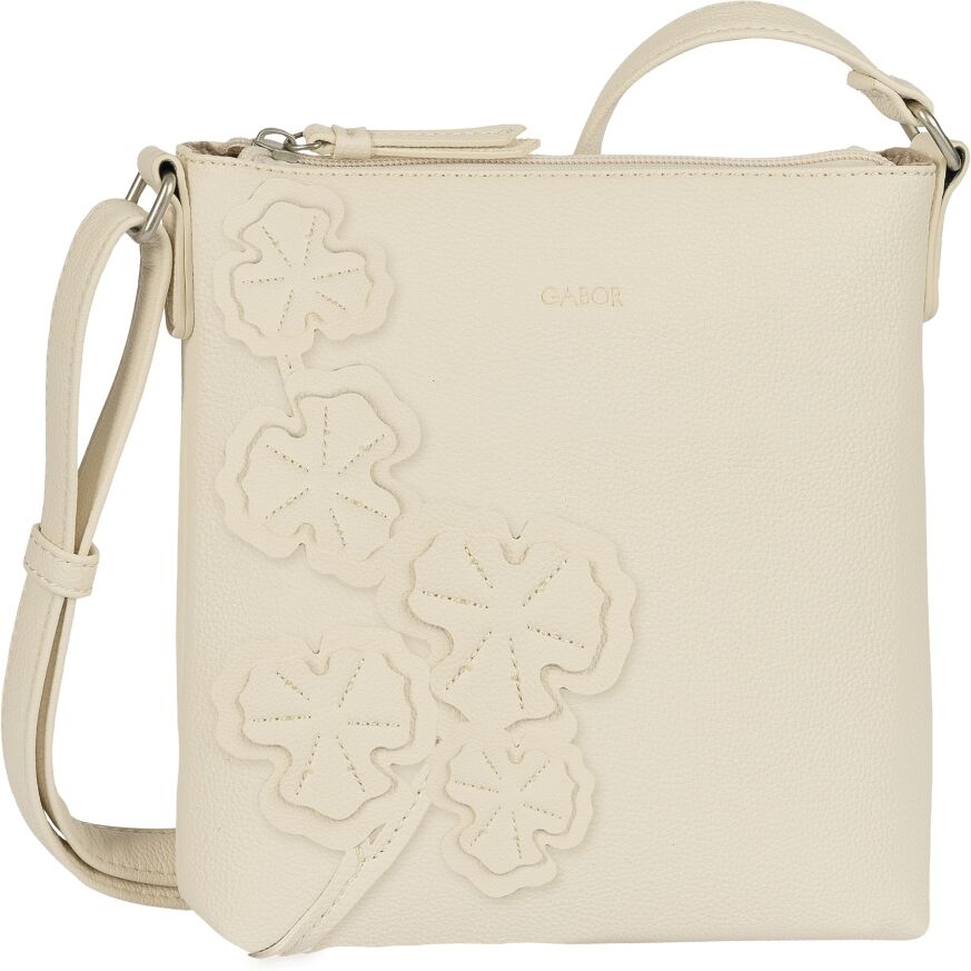 Umhängetasche GABOR "Jovita", Damen, Gr. B/H/T: 21cm x 21,5cm x 6cm, beige (sanftes weiß), Polyurethan, bestickt, clean, unifarben, Taschen Umhängetasche, mit verspielten 3D-Blüten auf weich genarbtem Lederimitat