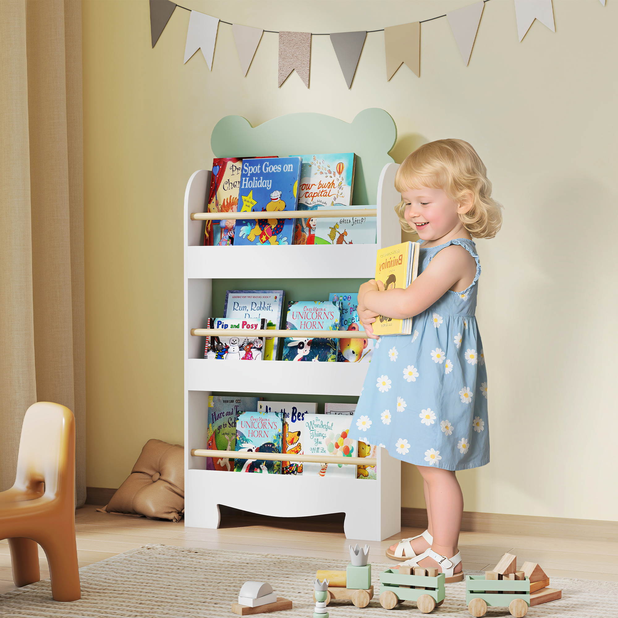 Aiyaplay Libreria per Bambini con 3 Ripiani a Tema Orso, per Libri e Giocattoli, 55x15x110 cm, Verde   Aosom Italy