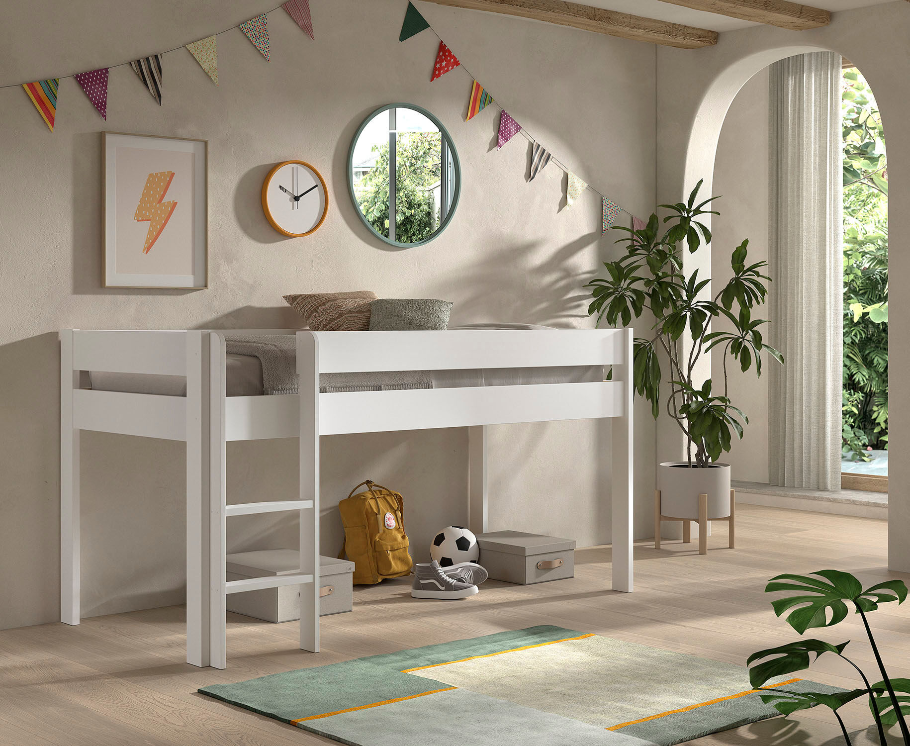 Spielbett VIPACK "Primo, mit umlaufenden Absturzschutz, Leiter recht/links montierbar", weiss (weiß, weiß, weiß), B:104,5cm H:109cm L:206,1cm, Betten, Spielbett, Kiefer massiv weiss lackiert, 90x200 cm inkl. Rolllattenrost weiß, weiß, weiß Liegefläche Län