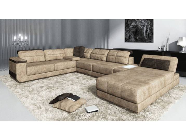 JVmoebel Wohnlandschaft Hellbraune Ledercouch mit verstellbaren Kopfkissen, Made in Europa