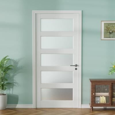 Nuzanto "80""H 5 Lite White Primed Frosted Tempered Glass French Interior Slab Door Panel Pantry Door"