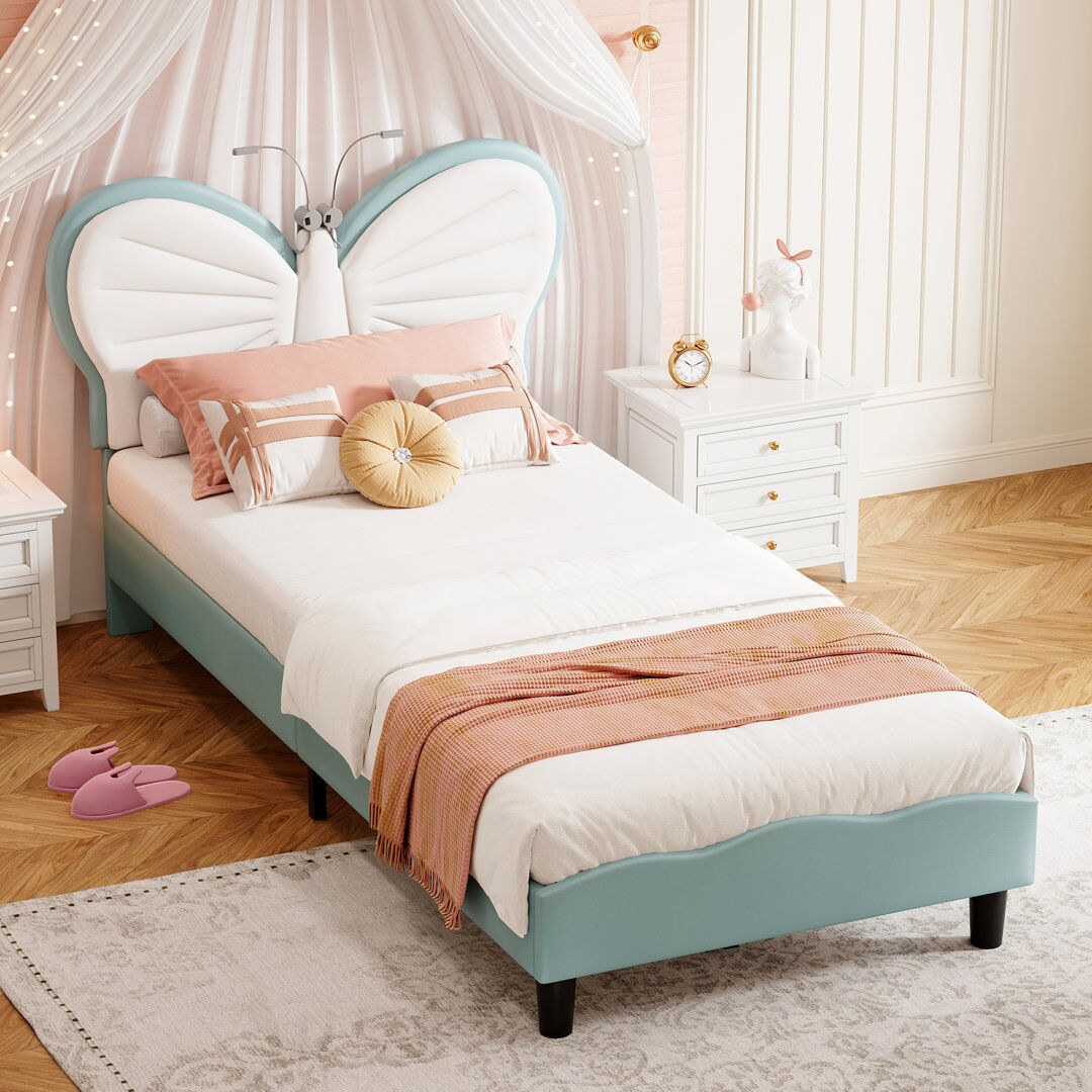Harriet Bee Upholstered Velvet Bed Blue European Single (90 x 200 cm)