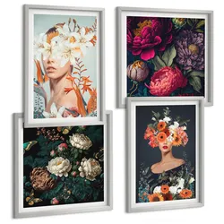 BILDER SET 4er Set - 50x50 cm & 40x60 cm Silberner Rahmen - Blumenporträts, Sträuße, Blätter