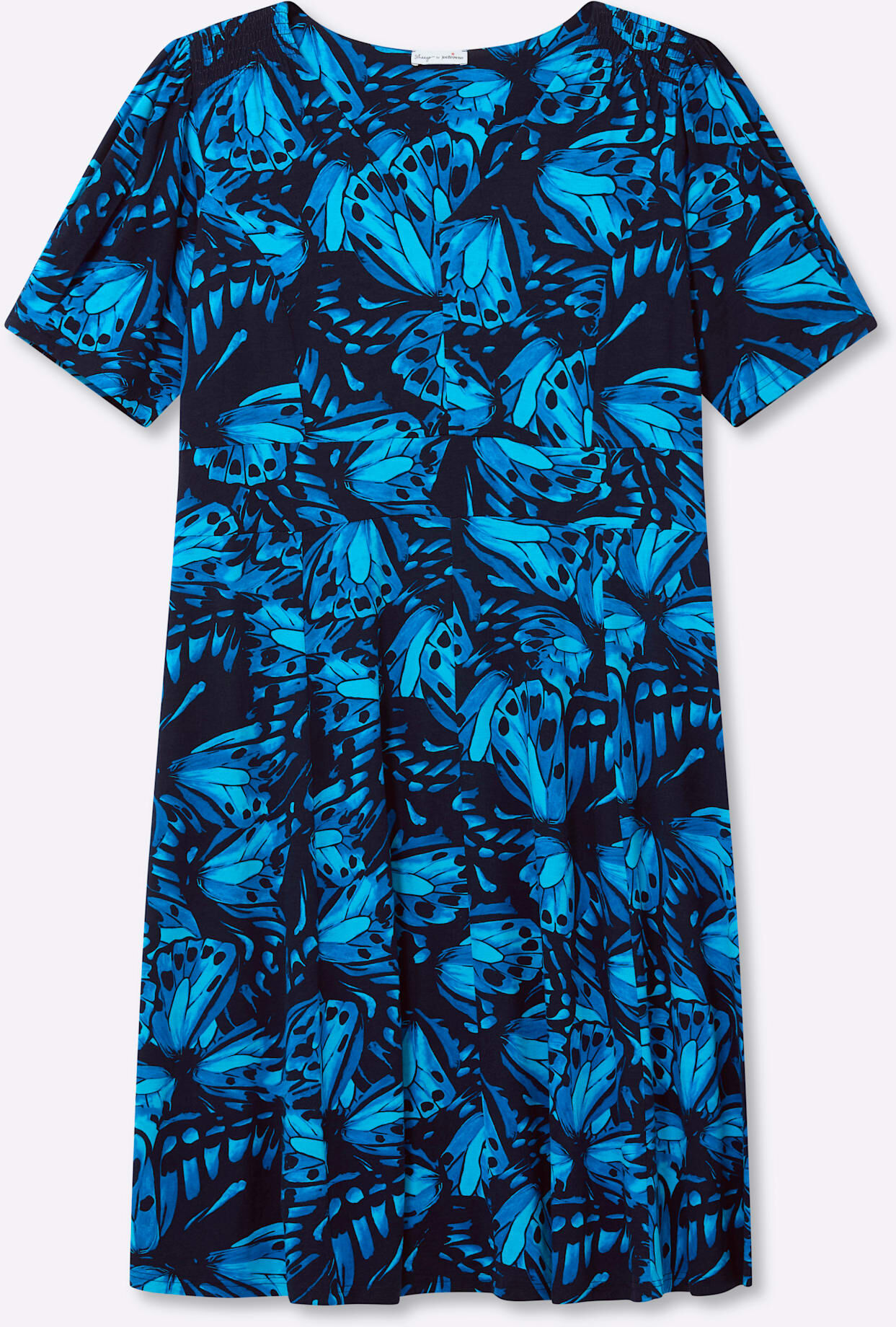 Jerseykleid SHEEGO BY JOE BROWNS "Jersey-Kleid", Damen, Gr. 52, Normalgrössen, blau (tiefblau, royalblau, gemustert), Jersey, 95% Viskose, 5% Elasthan, bedruckt, gemustert, wadenlang, V-Ausschnitt, Kleider Jerseykleid tiefblau, royalblau, gemustert 52, No