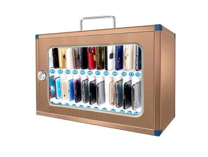 Verdickter, Abschließbarer, Tragbarer Telefonschließfach Zur Wandmontage Edelstahl-Handy-Aufbewahrungsschrank, Sicheres Handy-Schließfach(Gold,24 bits)