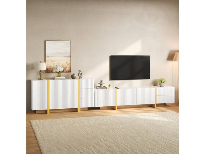 ULEVR Ensemble meuble TV et sideboard blanc à façade rainurée sans poignées MDF et panneaux de particules