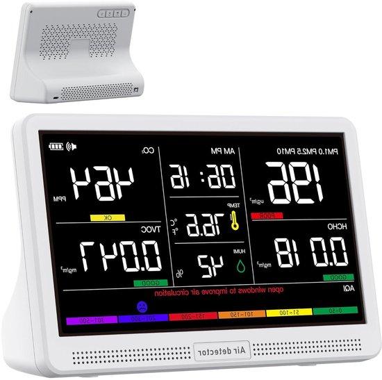 Luftqualitätsüberwachung für Innenräume - CO2-Messgerät, TVOC-Messgerät - Messung der Luftqualität - 16-in-1-Erkennung - 7-Zoll-Display - Weiß