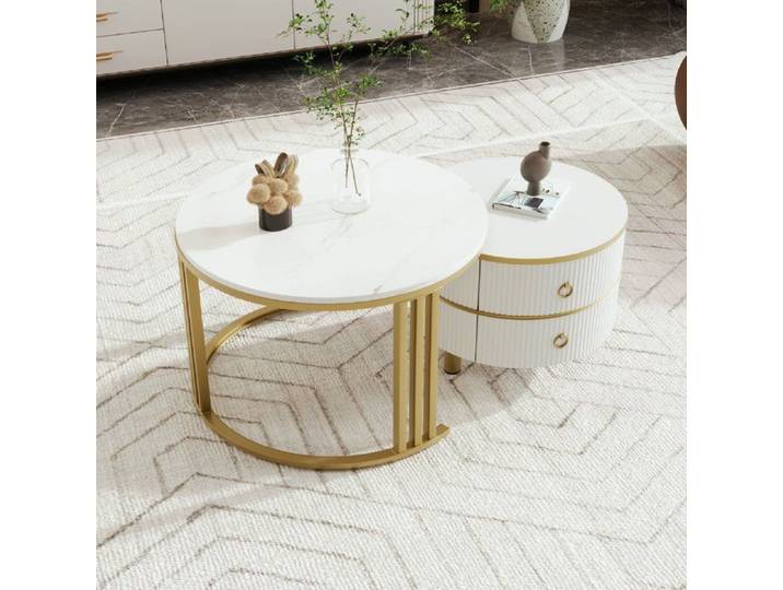 Table basse - LANGTU - 2 en 1 - Blanc - 2 tiroirs - Plateaux brillant et marbre