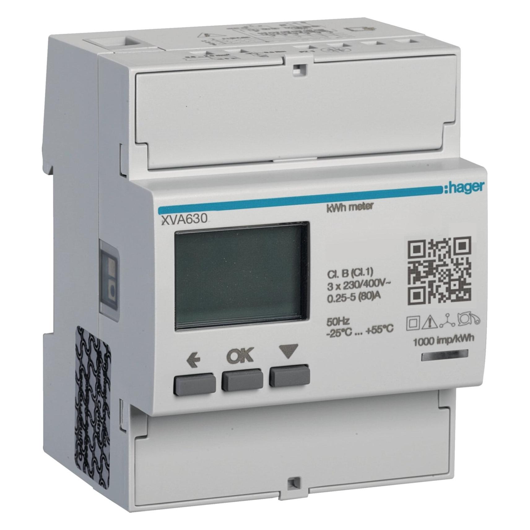 Hager REG-Energiezähler 3LN direkt 80A Multitarif optisch Modbus 4TE D0 (XVA630)