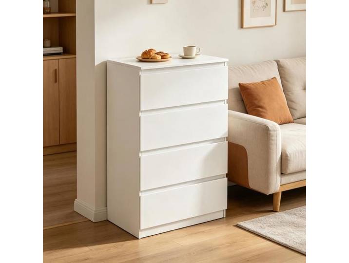 Commode - ZEVKOR - Commode 4 Tiroirs avec Poignées Intégrées - Blanc - Mélamine - 60x40x90 cm