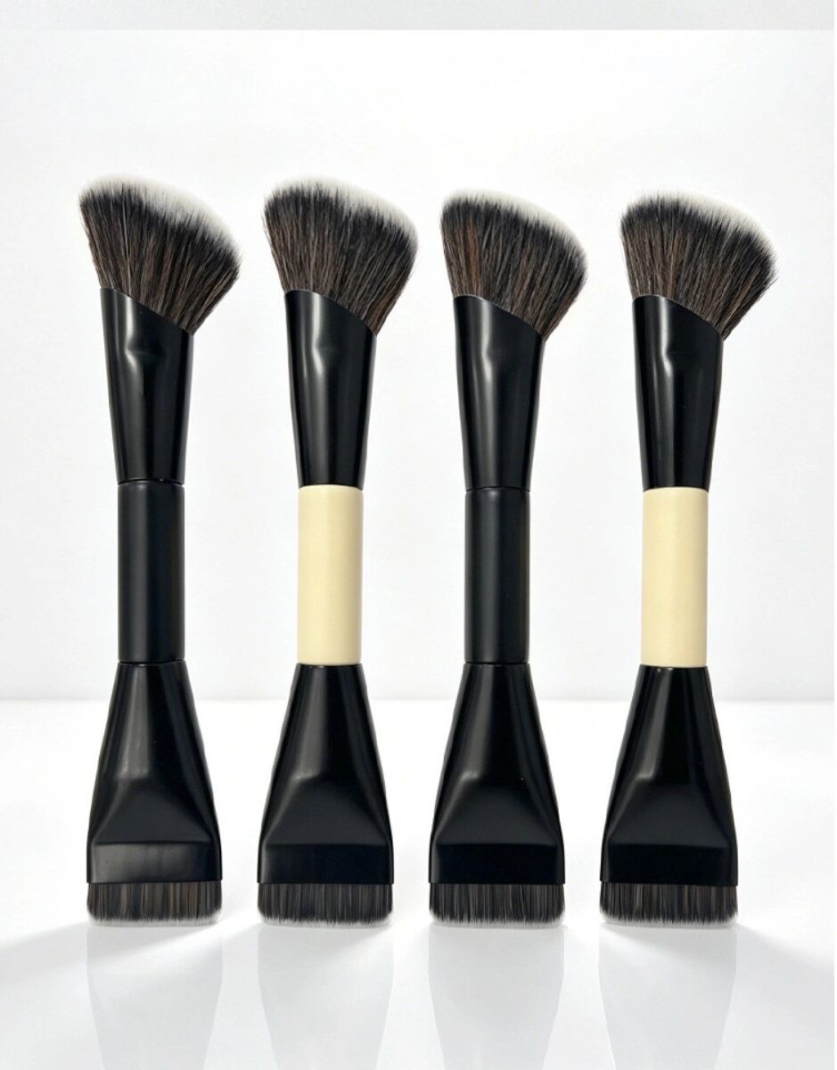 INF Doppelseitiges flaches Foundation-Pinsel-Set (2er) — Flacher dichter Kopf + flauschiger runder Blending-Kopf, synthetische Gelb