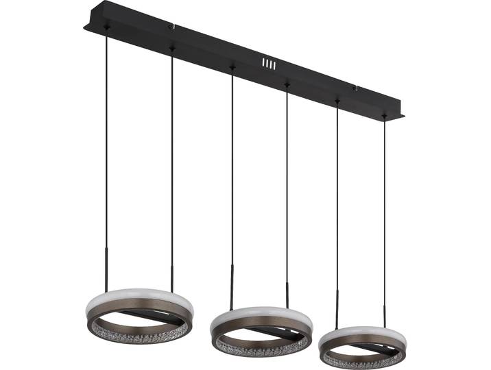 Lampe LED suspendue\, aluminium gris\, cristaux\, 3 flammes\, H 150 cm
