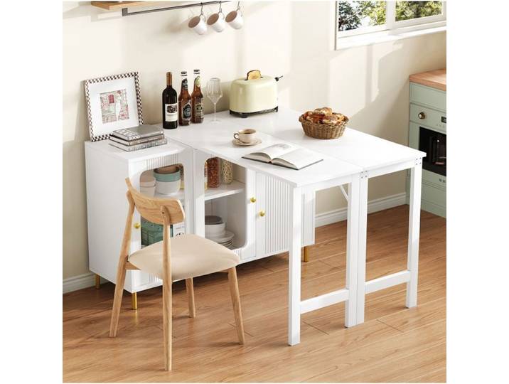 Buffet bas SENVIRO multifonction blanc plateau rabattable et extensible portes coulissantes en verre