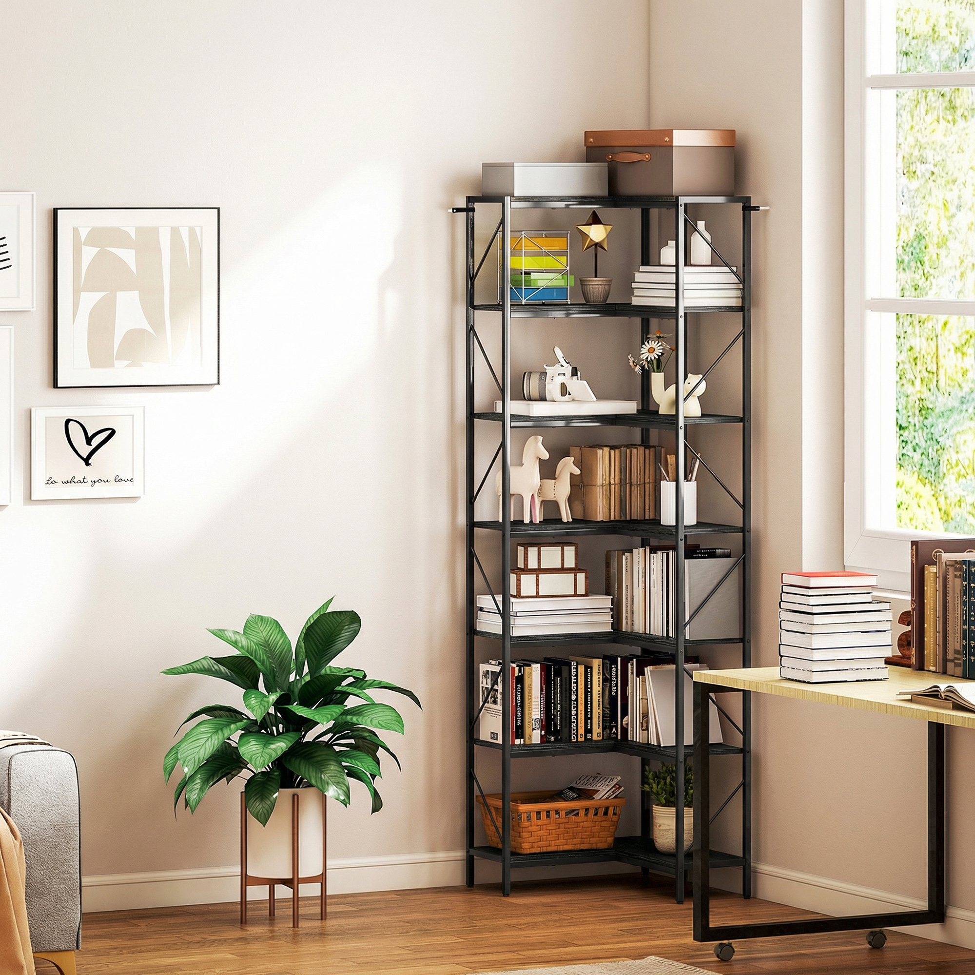 Homcom Libreria ad Angolo a 7 Ripiani, Scaffale Industriale, Effetto Legno Nero   Aosom Italy