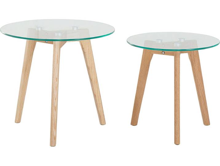 BELIANI Couchtisch 2er Set Transparent Braun Glasplatte Holzgestell Rund Modern