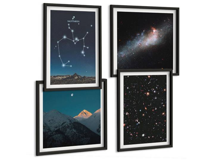 BILDER SET 4er Set - 50x50 cm & 40x60 cm Schwarzer Rahmen - Galaxien, Sternbilder, Weltraum, Schütze