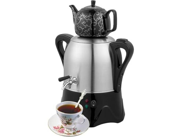 OZPPM Elektrische Türkische Teehersteller, Elektrische Türkische Samovar Mit Heater Funktion, 3L -Teekanne Aus Edelstahl Und 1L -Keramik -Teekanne, Für Kaffee, Dufttee, Türkischer Tee,Black