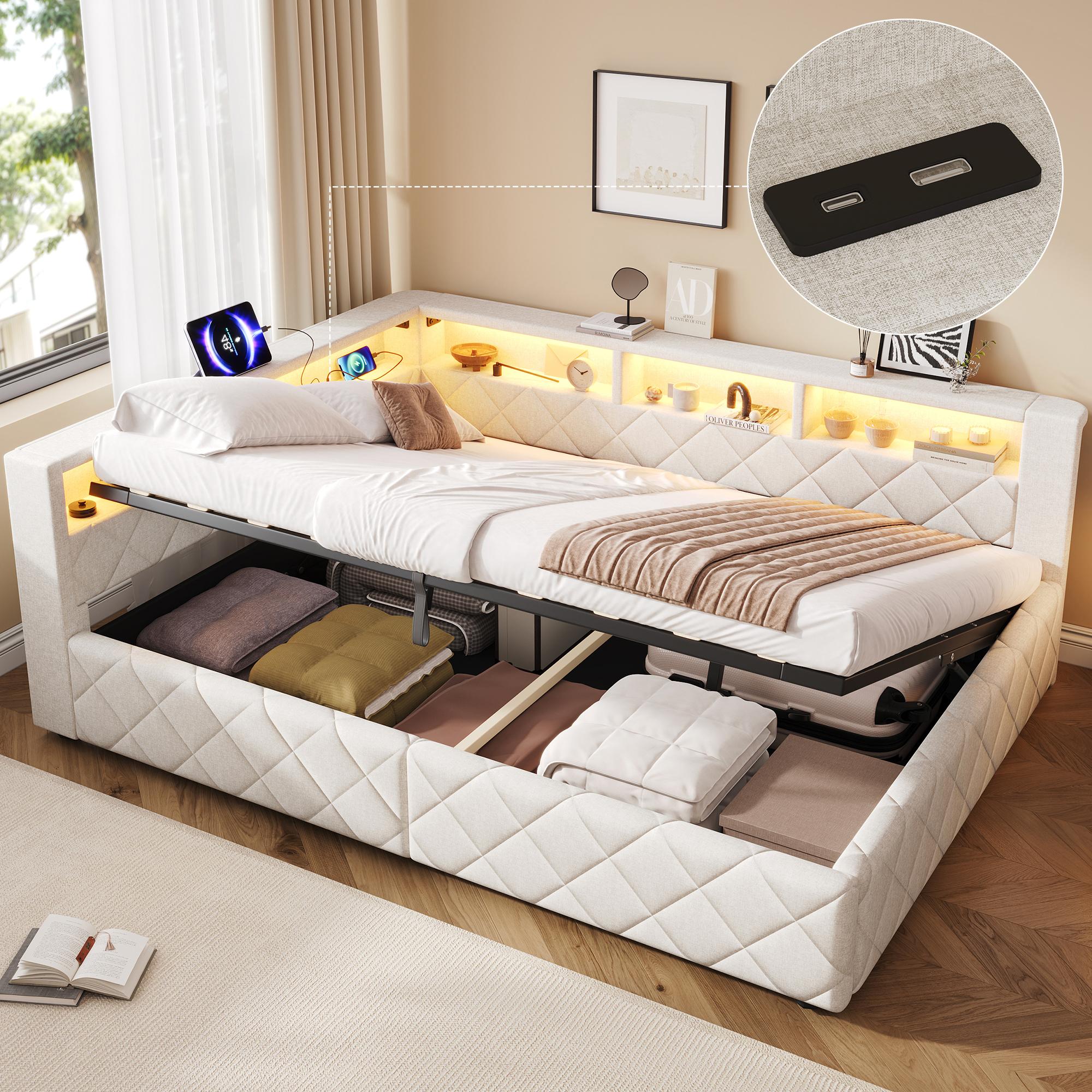 Schlafsofa, 140 x 200 cm, Hydraulische Lagerung, Mit LED-Lichtleiste, Mit USB-Anschluss, Ohne Matratze, Leinen, Beige