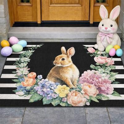 LightInthebox Easter Doormat Bunny Surrounded by Blooming Floral Wreath on Black and White Stripes Perfect Spring Welcome Entry Mat