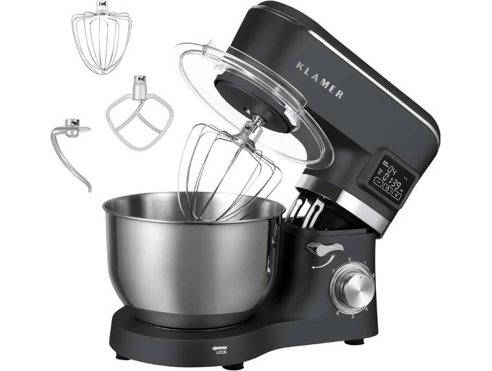 KLAMER Küchenmaschine 1400W, Knetmaschine mit 5,5 Liter Edelstahl Schüssel, 6 Geschwindigkeitsstufen mit Timer, Rührbesen, Knethaken, Schneebesen und Spritzschutz, grau, 1400 W, 5,5 l Schüssel, Spritzschutz, 3 Aufsätze, Saugfüße, digitales Display, Timer