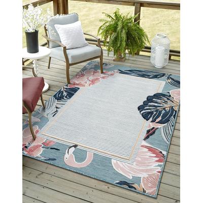 Outdoorteppich "Cloud, LAGERRÄUMUNG", bunt (blau,multi), B:160cm H:8mm L:230cm, Polypropylen, MYFLAIR MÖBEL & ACCESSOIRES, Teppiche, Outdoorteppich, Flamingo Motiv, mit Bordüre, Outdoor geeignet, Balkon, Terrasse