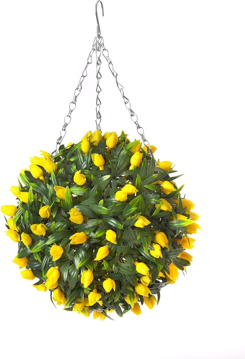 Kunstmatige gele Tulip bloembal - Weelderige Topiary gras - 28 cm