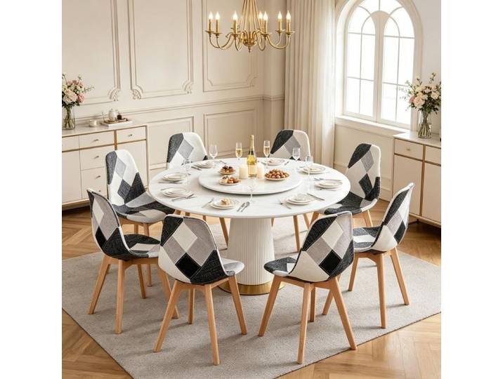 Lot de 8 Chaises de Salle à Manger Chaises Patchwork Colorées avec Pieds en Bois Chaise de cuisine chaise de bureau Gris Blanc