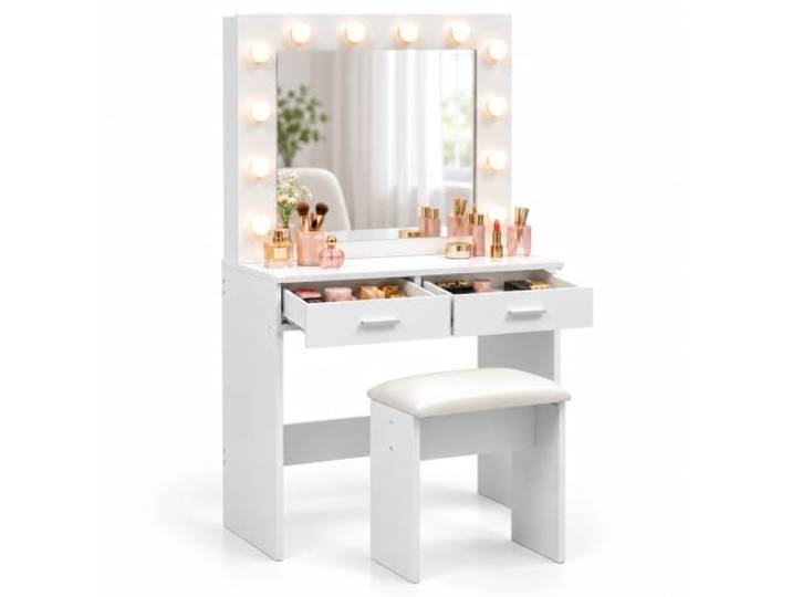 Relaxdays Schminktisch mit Hocker, Hollywood-Spiegel, Beleuchtung, weiß 2 Schubladen, 3 Lichtmodi, verstellbare Helligkeit, HxBxT: 140 x 80 x 40 cm, Frisiertisch