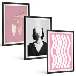 BILDER SET 3er Set - 40x60 cm Schwarzer Rahmen - Stilvolles Porträt, Champagner-Entspannung