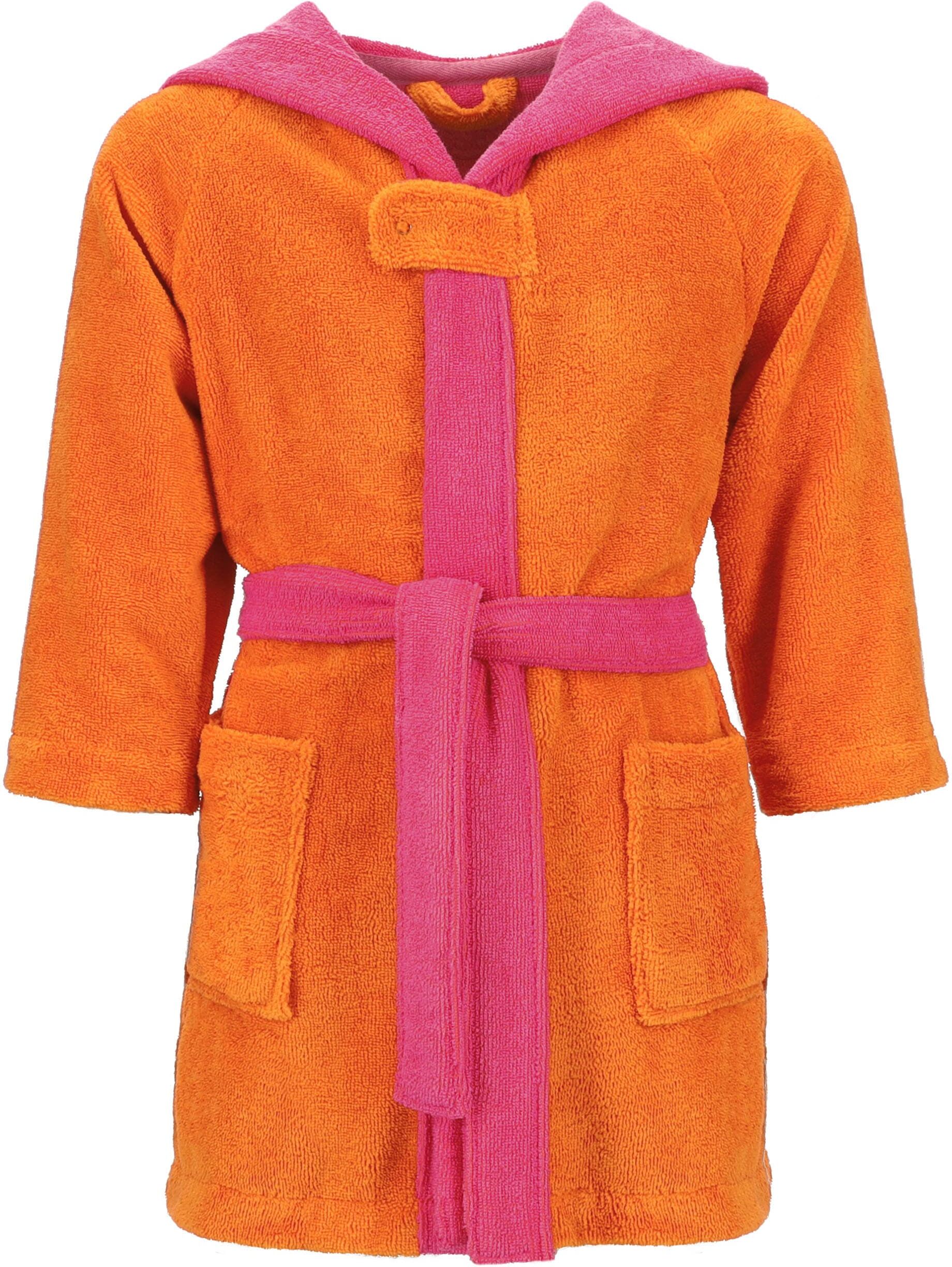 Kinderbademantel VOSSEN "Bixie, ideal für Sauna & Spa, Hotelbademantel, Morgenmantel" Gr. 110, orange (electric orange, prim rose), L:72cm, Baumwoll-Mix, Hausmäntel, Kinderbademantel, Doubleface-Look electric orange, prim rose 110/116 L: 72cm