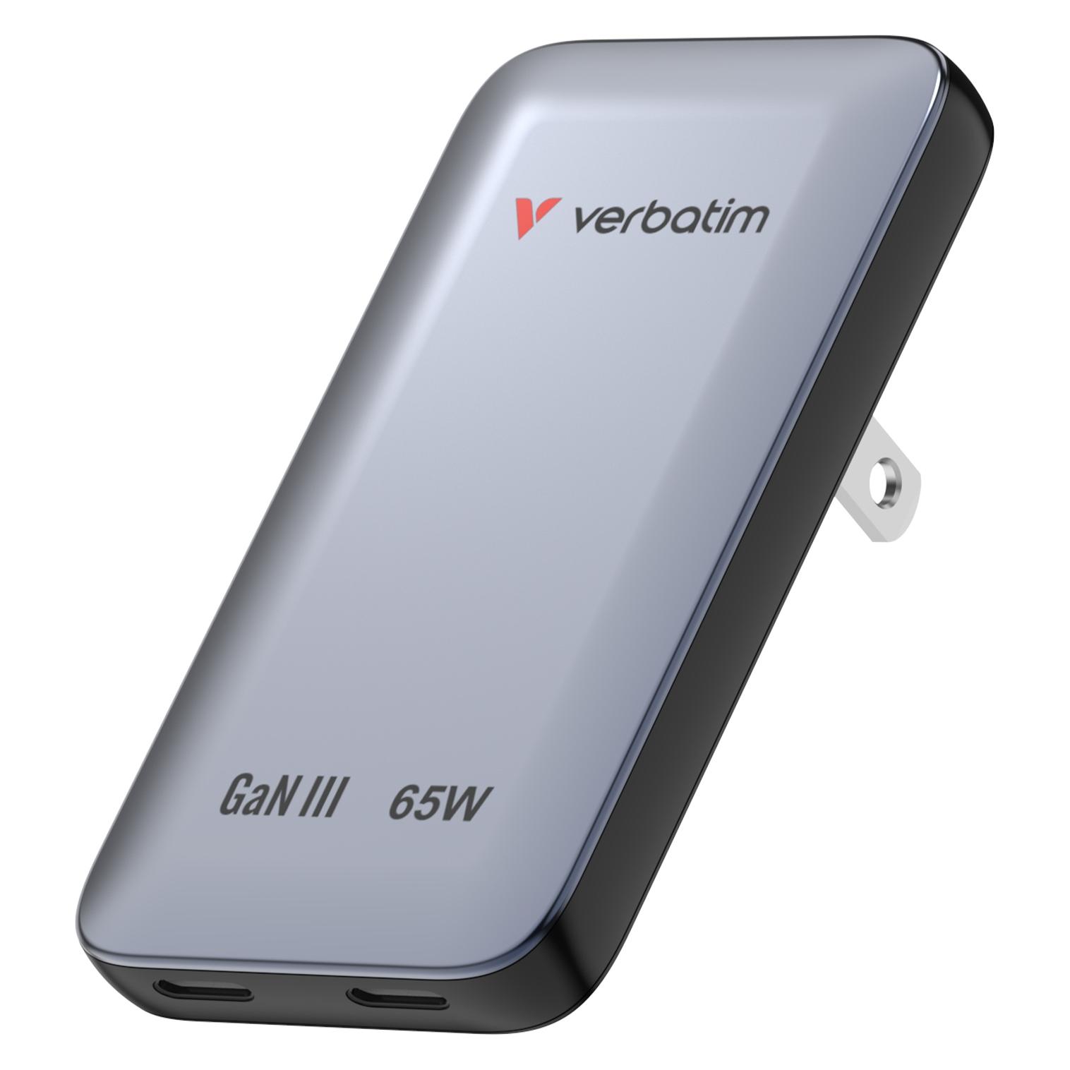 Verbatim Slim GaN Charger 2 Port 65W (EU/UK/US) Grey (65 W, 2 Ports) (30280)
