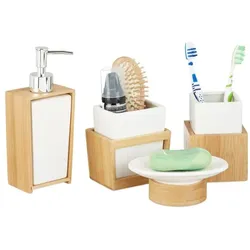 Relaxdays Badezimmer Set aus Bambus und Keramik Weiß,Hellbraun,Silber