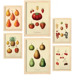 POSTER Set Mit 6 Früchte In Vintage A3 & A4 Rahmen Aus Hellem Holz