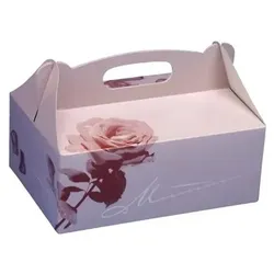 Papstar Gebäck-Karton mit Tragegriff, 200 x 130 x 90 mm aus Pappe, Materialstärke: 350 g/qm, Farbe: rosé, Einwegbehälter, Rosa