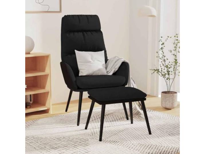Relaxsessel mit Hocker Schwarz Stoff und Kunstleder mit Metallrahmen Metallrahmen, atmungsaktiver Stoff, Kunstleder-Details, flexible Hocker-Nutzung, moderne Optik