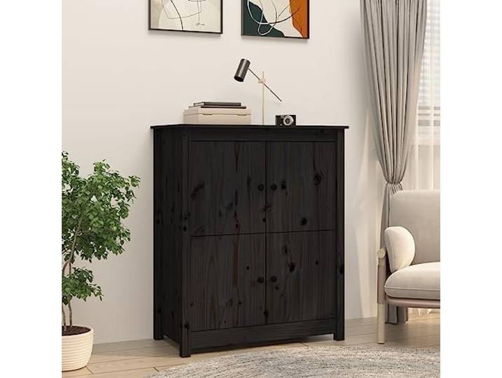 RJPLMFV Anrichte, schwarz, 83 x 41,5 x 100 cm, Massivholz, Kiefer 4 Fächer, rustikaler Bauernhof-Stil, Wandbefestigung inklusive, Montageanleitung (evtl. nicht in deutscher Sprache)