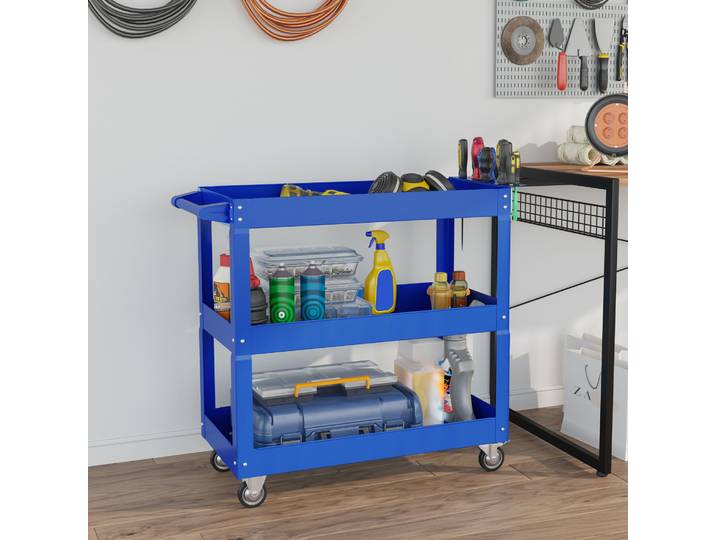 DURHAND Chariot Atelier 3 Plateaux Roulettes Acier Bleu