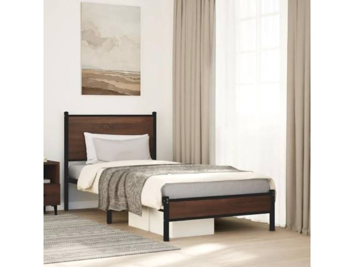 Stahlgestell Stabil Klassisches Design Bettgestell Braun 90 x 190 cm Metallbett ohne Matratze 90x190 cm Braun Eichen-Optik stabiles Bettgestell mit Lattenrost und Stauraum für Schlafzimmer