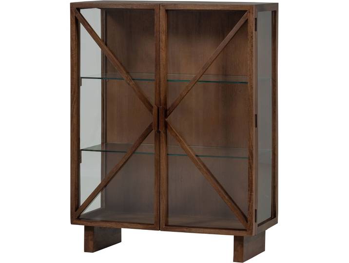 Vitrine WOOOD Kella Mangoholz mit Glastüren und Glasablagen B 100 x D 44 x H 132 cm , braun, B:100cm H:132cm T:44cm, Massivholz, Schränke, Vitrine, Wandbefestigung empfohlen, Tragkraft 5–7 kg pro Glasboden