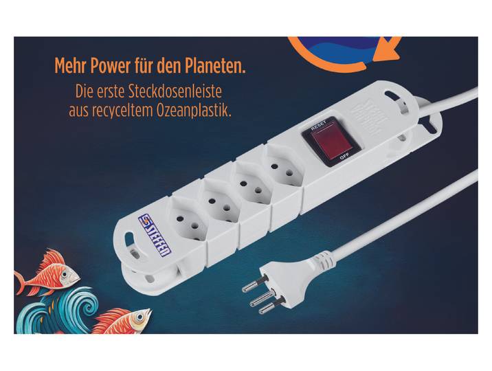 Steffen Steckdosenleiste Tide 4xT13 3m mit Schalter und Haftmagnete weiss
