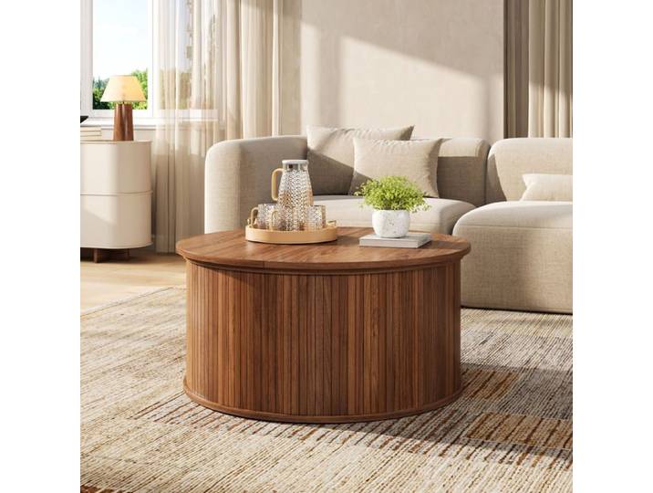 Table basse - ZEVKOR - Relevable - Ronde - Décor Noyer - Rangement sous couvercle