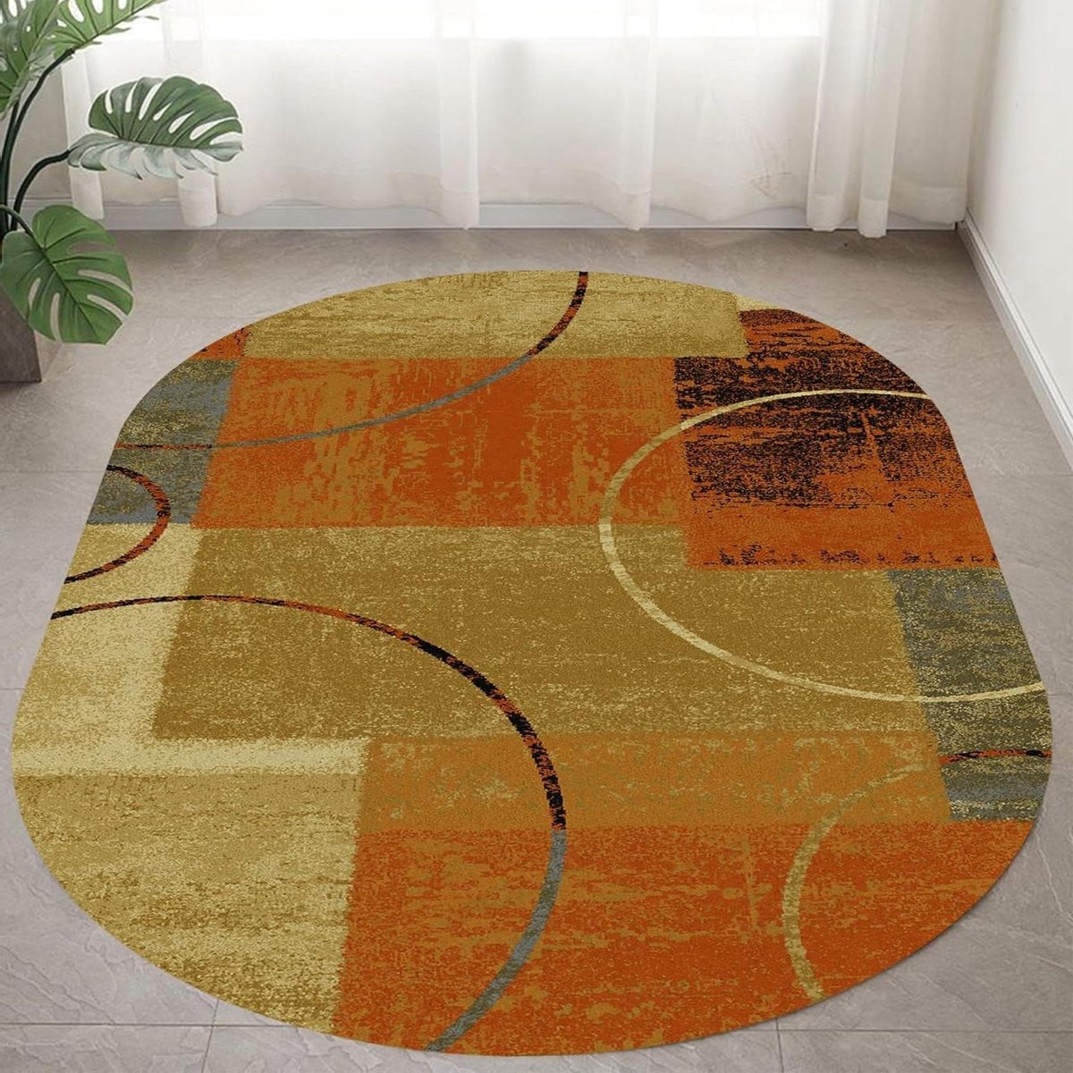 Modern Ovaal Vloerkleed met Geometrisch Patroon - Oranje Bruin Zwart