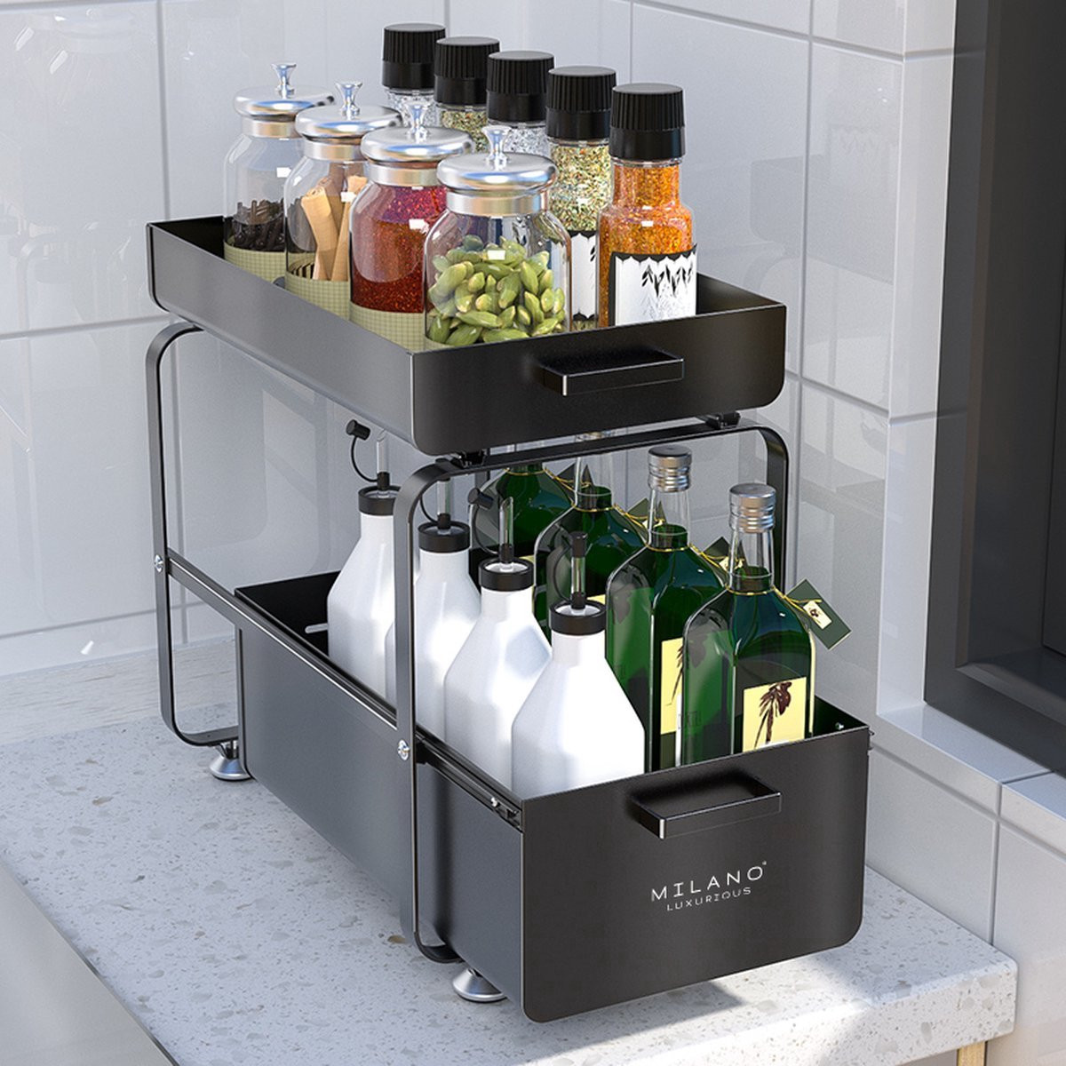 Milano Luxurious organizer lade zwart – Tweelaags opbergrek voor keuken of badkamer