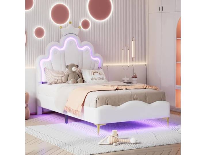 FAVSH Kinderbett 90x200 cm, Mädchen Bett mit LED, Prinzessinnenbett mit Kopfteil, Rahmen mit Lattenrost, für Mädchen, für Jugendliche, PU (Weiß, 90 x 200 cm)