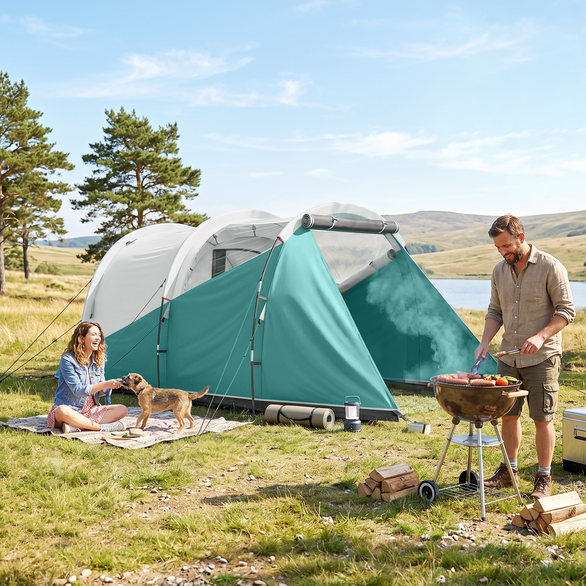 Outsunny Tenda da Campeggio 4-5 Posti Impermeabile a Tunnel con Borsa di Trasporto, Verde Aosom