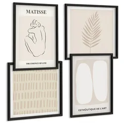 BILDER SET 4er Set - 50x50 cm & 40x60 cm Schwarzer Rahmen - Linien, Formen, Beige, Weiß