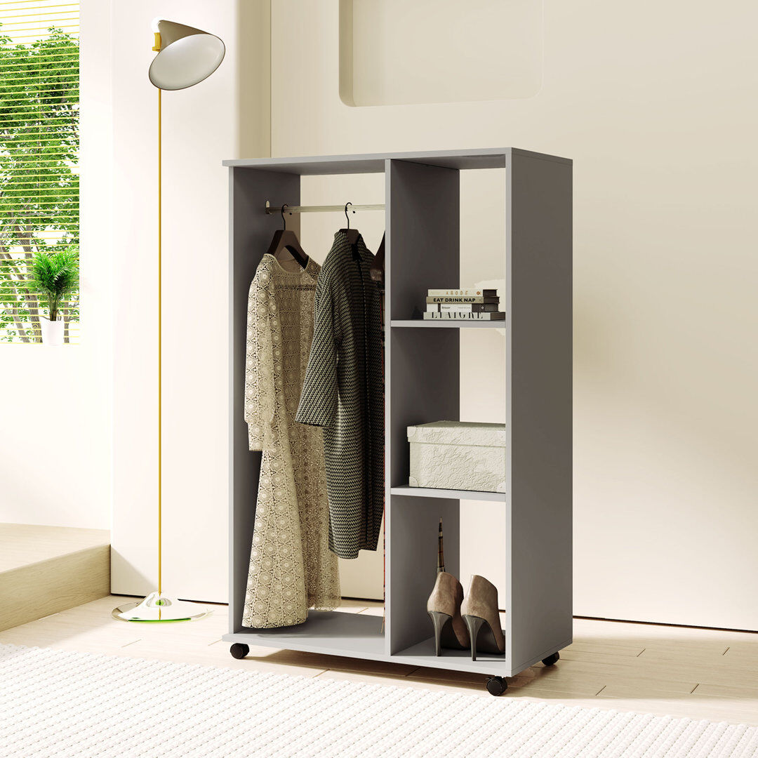 Ebern Designs Riles Rolling Open Wardrobe Hanging Rail Storage Shelves for Clothes Grey